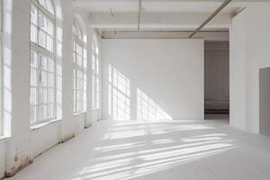 Empty white room with arched windows and sunlight casting shadows photo