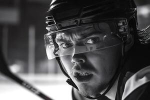 Determined hockey player wearing helmet and grimacing on ice rink photo