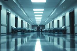 Empty hospital corridor with gurney beds reflecting on shiny floor photo