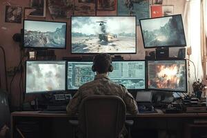 Military operator controlling drone strike using multiple computer screens photo