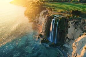 Waterfall cascading from cliff into turquoise sea at sunset photo