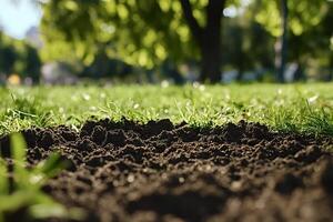 Close-up of fertile soil with green grass growing in background photo