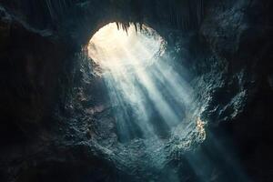 Sunbeams illuminating dark cave through hole in ceiling photo