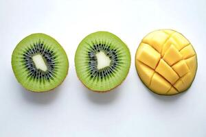 Two sliced kiwis and a cubed mango resting on white background photo