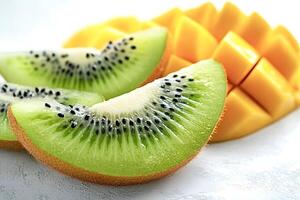 Sliced kiwi fruit and mango showing refreshing juicy pulp photo