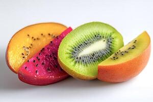 Sliced kiwi, dragon fruit, and golden kiwi showing colorful pulp and seeds photo