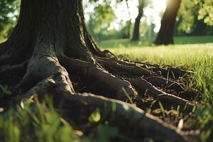 Large tree roots growing in the ground at sunset in a park photo