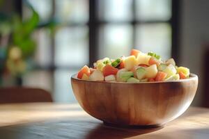 Wooden bowl brimming with refreshing summer fruit salad on table photo