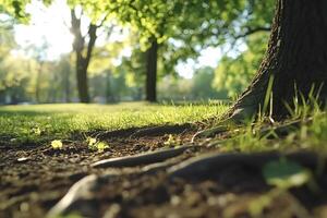 Roots growing in the ground near a tree in a park photo