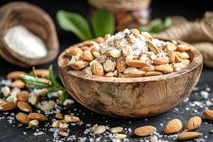 Roasted salted almonds spilling from wooden bowl on dark background photo