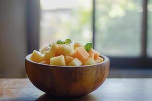 Wooden bowl overflowing with refreshing cantaloupe and honeydew salad photo