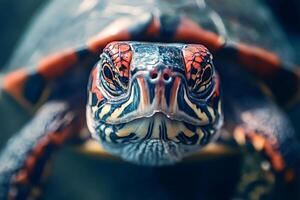 Painted turtle showing its colorful head and face photo
