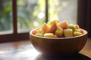 Wooden bowl full of healthy fresh fruit salad near the window photo