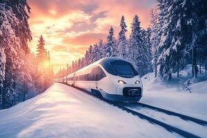 Modern high-speed train traveling through snowy winter wonderland at sunset photo