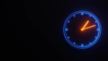 Vibrant Blue and Orange Neon Clock Face with Spinning Hour and Minute Hands in a Seamless Loop Animation video