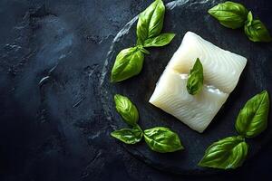 Fresh white fish fillet with basil on dark background photo