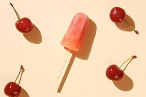 Delicious pink popsicle refreshing and cooling with cherries on yellow background photo