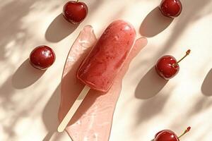 Melting cherry ice cream popsicle with fresh cherries on neutral background photo