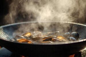 Steaming mussels cooking in wok with intense heat and flavor photo