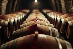 Wine barrels aging in cellar with stained wood and metal bands photo