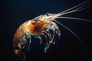 Glass shrimp showing its internal organs swimming in dark water photo