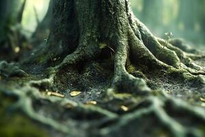 Large tree roots emerging from ground in forest photo