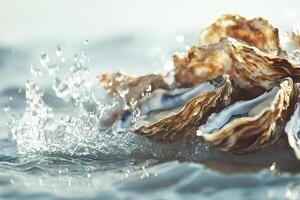 Fresh oysters submerged in sparkling water with gentle splashes photo
