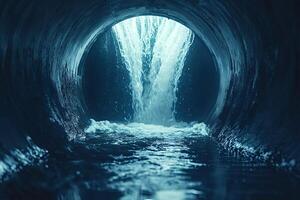Water cascading into dark round tunnel creating a stream and foam photo