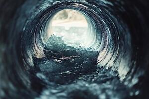 Water flowing inside concrete pipe leading to light at end of tunnel photo
