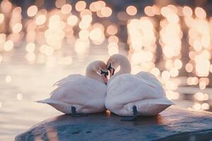 Two swans showing affection on a rock by the lake at sunset photo