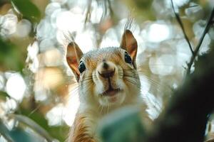 Curious squirrel peeking from behind tree branch in forest photo