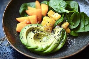 Sliced avocado with mango, persimmon, spinach, chia seeds and spices in bowl photo