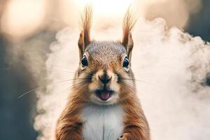 Eurasian red squirrel showing tongue with blurred background photo