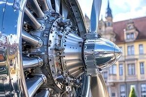 Shiny propeller engine of classic airplane with blurred building in background photo