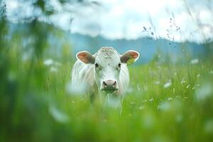 Cow grazing in green meadow with yellow ear tag photo