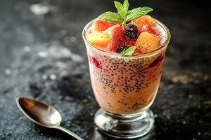 Chia seed pudding with berries and fruits topping photo