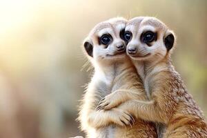 Two meerkats hugging each other in the warm sunlight photo