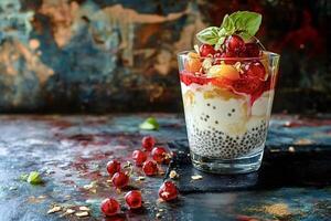 Chia seed pudding with redcurrant and peach topped with basil leaf photo