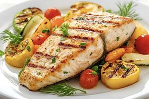 Grilled salmon fillet with roasted vegetable and fresh herb enhancing its flavor photo