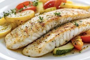 Delicious grilled fish fillets with roasted vegetables and thyme photo