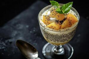 Delicious chia seed pudding with fresh mango and mint photo