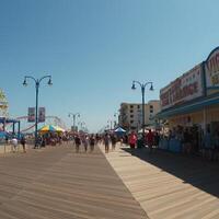 A boardwalk with people walking and a ferris wheel photo