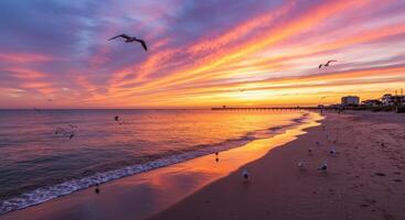 A colorful sunset over the ocean with birds flying over the beach photo