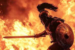 Spartan warrior attacking with sword and shield in front of fire background photo