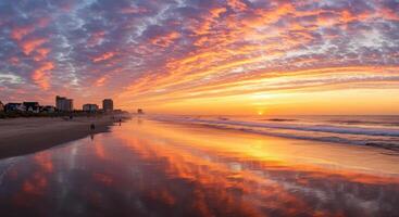 Sunset at the beach with clouds reflecting in the water photo
