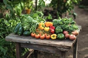 Freshly picked vegetables displayed on rustic wooden table in garden setting photo