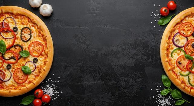 Two pizzas with different toppings on a black background photo