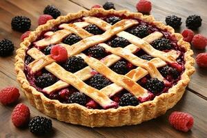 Delicious homemade berry pie showing lattice crust on rustic wooden table photo