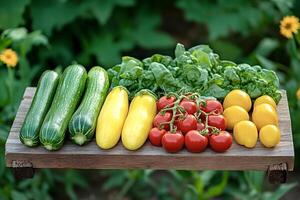 Freshly picked vegetables resting on wooden board in garden photo