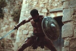 Powerful warrior attacking with sword and shield in ancient fortress photo